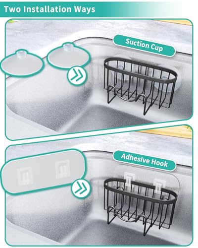 HapiRm Multifunctional Sponge Holder with Unique M-shaped, 2 Installation Methods Kitchen Sink Caddy Organizer, Rustproof Stainless Steel Sponge Caddy for Brush, Sink Stopper and Scraper -Black - Image 4