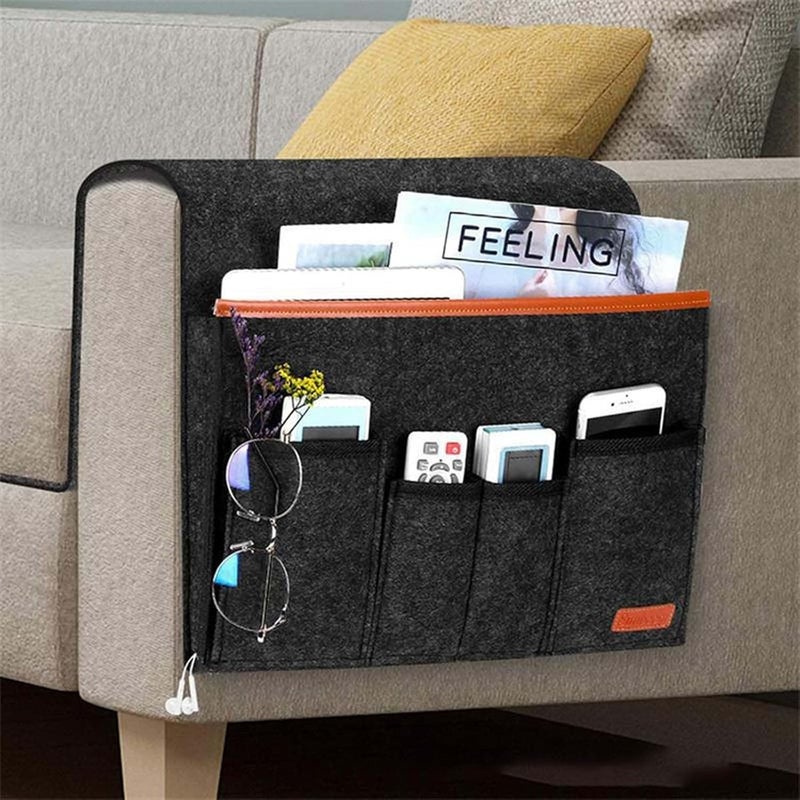 Sofa Armrest Storage Bag with 5 Pockets, Non-Slip Recliner Remote Organizer—Holds TV Remotes, Phones, Magazines—Black - Image 2