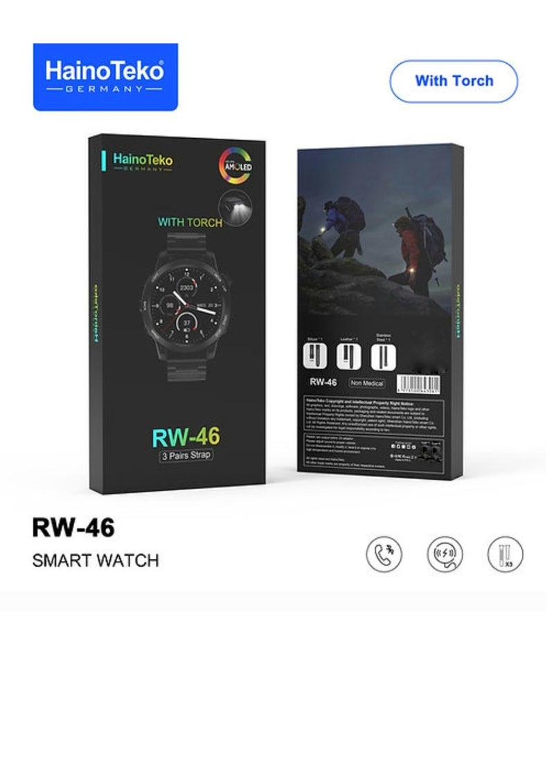 Haino Teko - Smart Watch RW46 Round Screen Super Size AMOLED Display  With Torch and 3 Pair Straps and Wireless Charger For Gents and Boys - Image 1