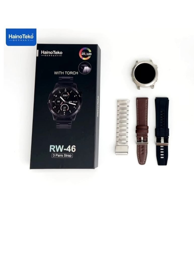 Haino Teko - Smart Watch RW46 Round Screen Super Size AMOLED Display  With Torch and 3 Pair Straps and Wireless Charger For Gents and Boys - Image 1