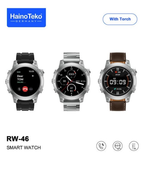 Smart Watch RW46 Round Screen Super Size AMOLED Display  With Torch and 3 Pair Straps and Wireless Charger For Gents and Boys
