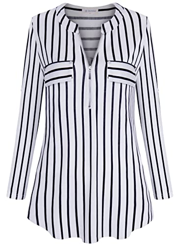 Bulotus 3/4 Sleeve Shirts for Women Plus Size, Ladies Tops and Blouses Casual Summer Fall V Neck Long Tunics to Wear with Leggings Business Casual, Stripe, X-Large - Image 2