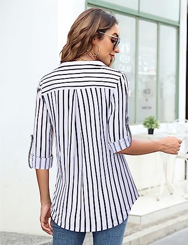 Bulotus 3/4 Sleeve Shirts for Women Plus Size, Ladies Tops and Blouses Casual Summer Fall V Neck Long Tunics to Wear with Leggings Business Casual, Stripe, X-Large - Image 4
