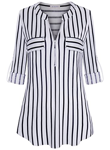 Bulotus 3/4 Sleeve Shirts for Women Plus Size, Ladies Tops and Blouses Casual Summer Fall V Neck Long Tunics to Wear with Leggings Business Casual, Stripe, X-Large - Image 1