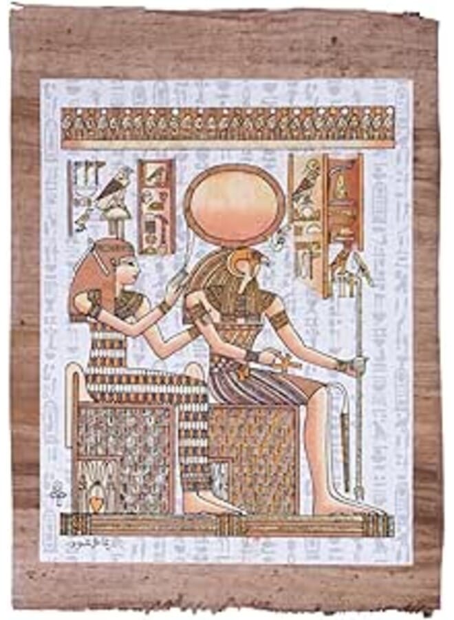 Egyptian papyrus 30x40cm Glow in the dark of God Ra Harakhti with Queen Cleopatra - ancient Egyptian Scene with Key of Life- Egyptian Ankh Glow in the dark image. Made in Egypt 