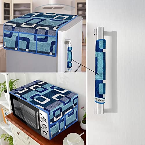 E-Retailer® Exclusive 3-Layered Polyester Combo Set of Appliances Cover (1 Pc. of Fridge Top Cover, 1 Pc Handle Cover and 1 Pc. of Microwave Oven Top Cover) (Color-Blue Geometric, Set Contains-3 Pcs) - Image 1