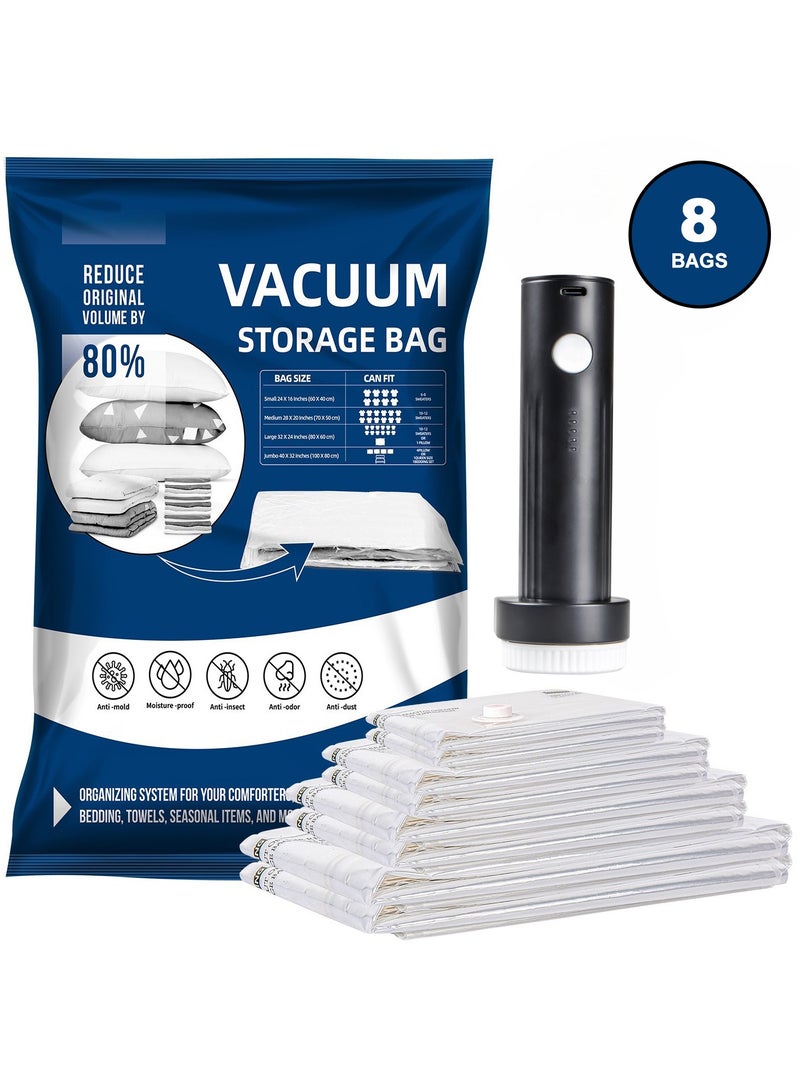 UrbanEssentia Vacuum Storage Bags 8-Pack (2 Jumbo 2 Large 2 Medium 2 Small) with Wireless Electric Pump - 6000pa Strong Suction Power, Reusable Space Saver Compression Bags for Travel, Ideal for Clothes - Image 1