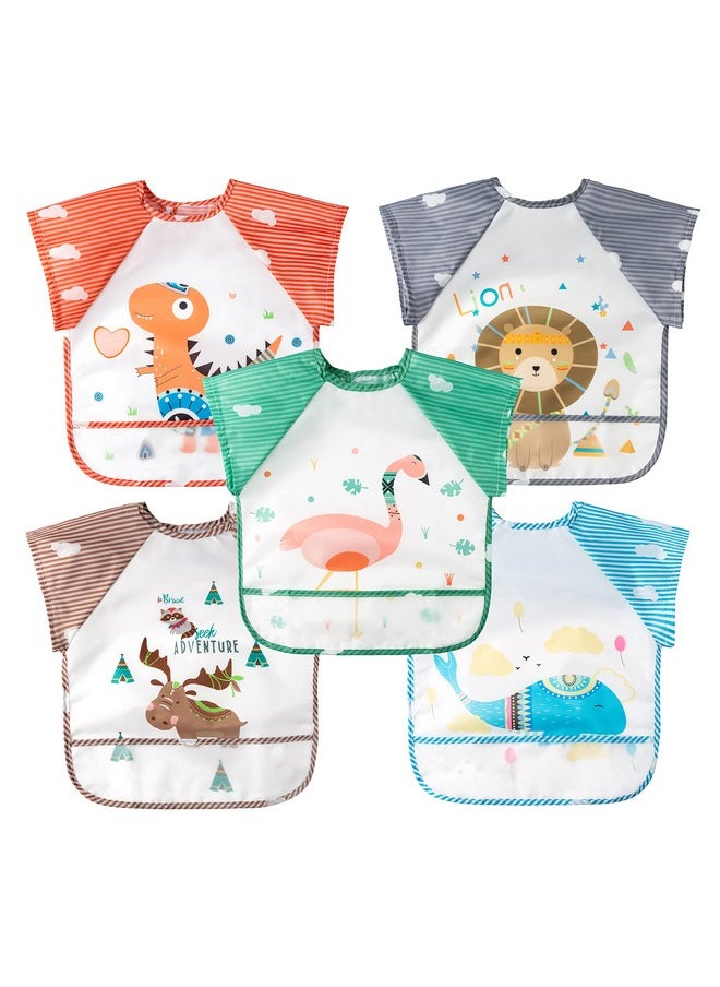 R HORSE - 5Pcs Short Sleeved Bib For Baby Toddlers Waterproof Sleeved Bib With Crumb Capacity Pocket Animals Baby Bib Infants Feeding Bib With Deer Flamingo Lion Pattern For Baby Shower Age 036 Months - Image 1