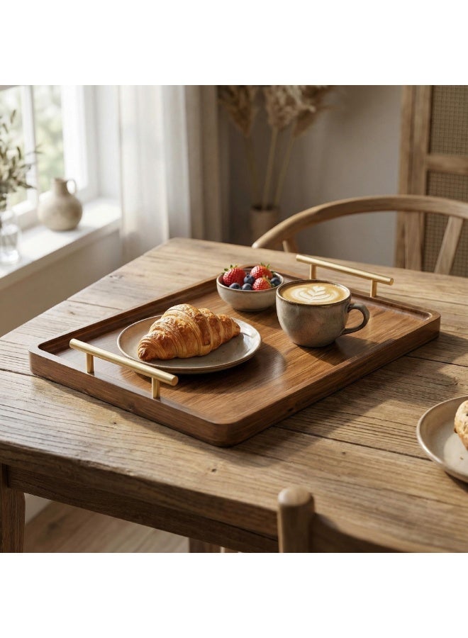 36*25CM Rectangular Serving Tray, Bambo خشبي, صينية تقديم,صينية تقديم من الخيزران بمقبض ذهبي، صينيo Serving Tray with Golden Handle,Breakfast Bed Tray, Decorative Serving Tray for Coffee Table, Multi-Purpose Tray,Serveware,Tea, Appetizers, Barbecues, Parties - Image 1