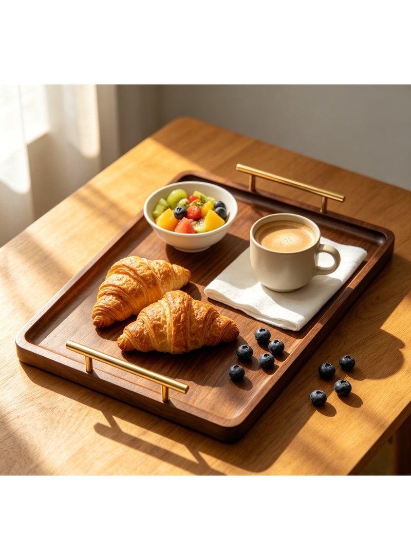 36*25CM Rectangular Serving Tray, Bambo خشبي, صينية تقديم,صينية تقديم من الخيزران بمقبض ذهبي، صينيo Serving Tray with Golden Handle,Breakfast Bed Tray, Decorative Serving Tray for Coffee Table, Multi-Purpose Tray,Serveware,Tea, Appetizers, Barbecues, Parties - Image 2