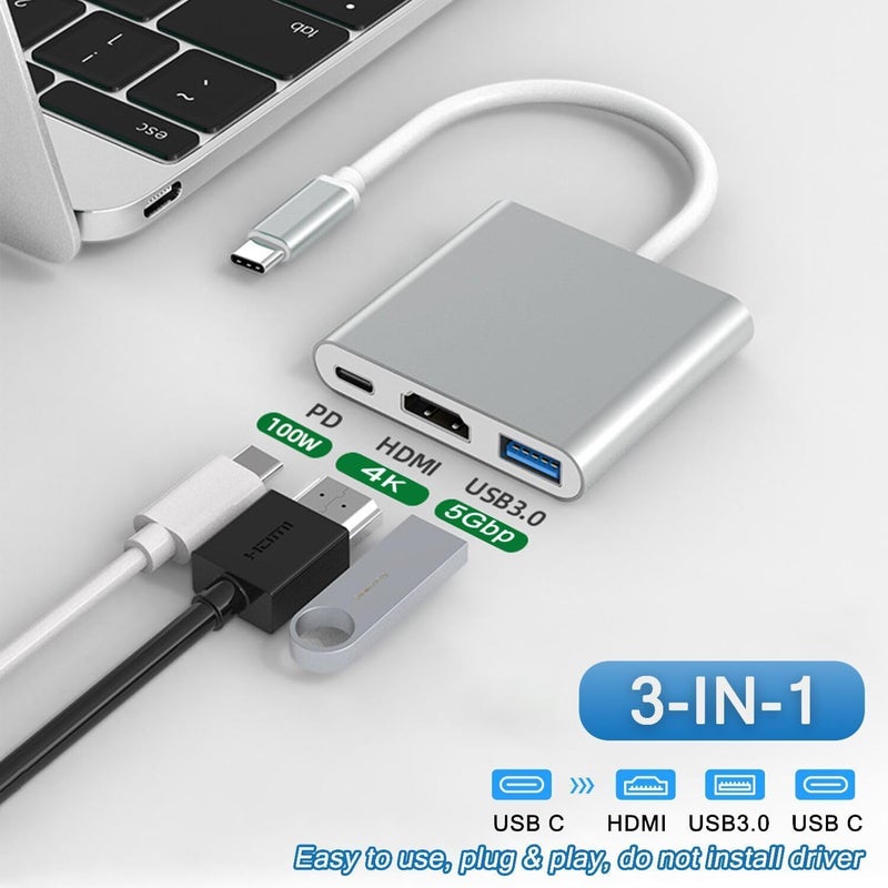 FENTICO USB to HDMI Adapter, USB 3.1 Type-C Converter to HDMI 4K+USB 3.0+USB-C Charging Port 3 in 1 Hub, USB-C Digital AV Multiport Adapter for MacBook Pro/iPad Pro/Switch/S23 /S24 /Projector/Monitor - Image 2