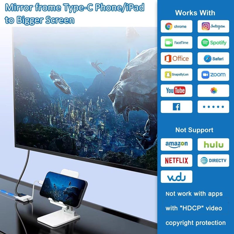FENTICO USB to HDMI Adapter, USB 3.1 Type-C Converter to HDMI 4K+USB 3.0+USB-C Charging Port 3 in 1 Hub, USB-C Digital AV Multiport Adapter for MacBook Pro/iPad Pro/Switch/S23 /S24 /Projector/Monitor - Image 3