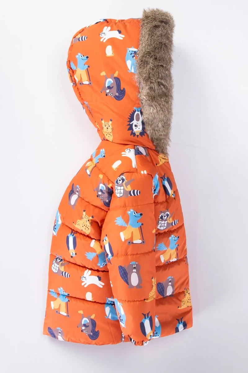 Podium Giyim Podium Clothing Trend Cute Raccoon & Mole Figured Winter Gilded-Fur Hooded Winter Coat