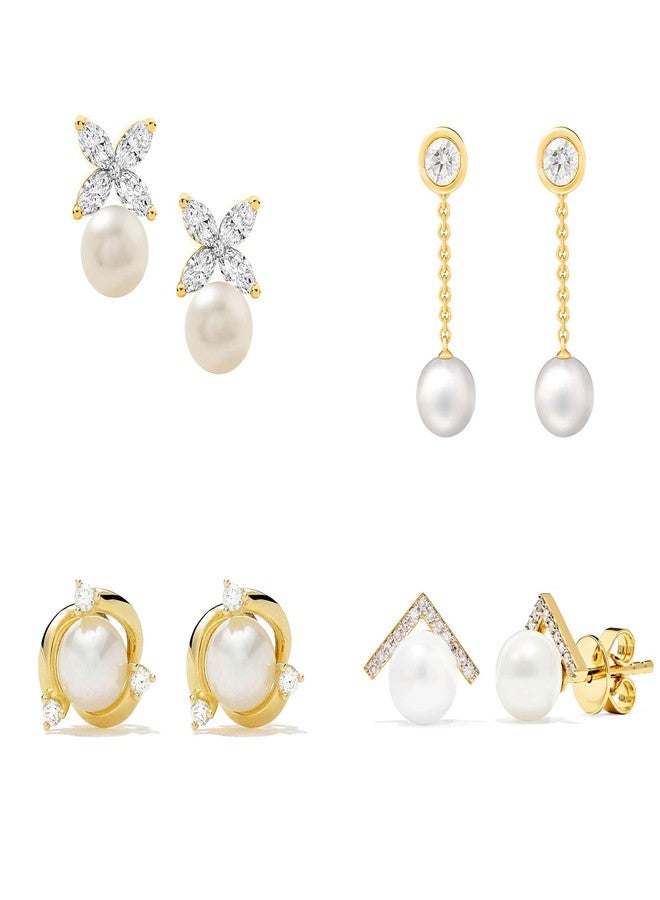 مينوتيا مجموعة أقراط مينوتيا المكونة من 4 قطع من الزركونيا المكعبة واللؤلؤ، عصرية وأنيقة، مناسبة للارتداء اليومي والعمل، للنساء والفتيات - مطلية بالذهب - Image 1