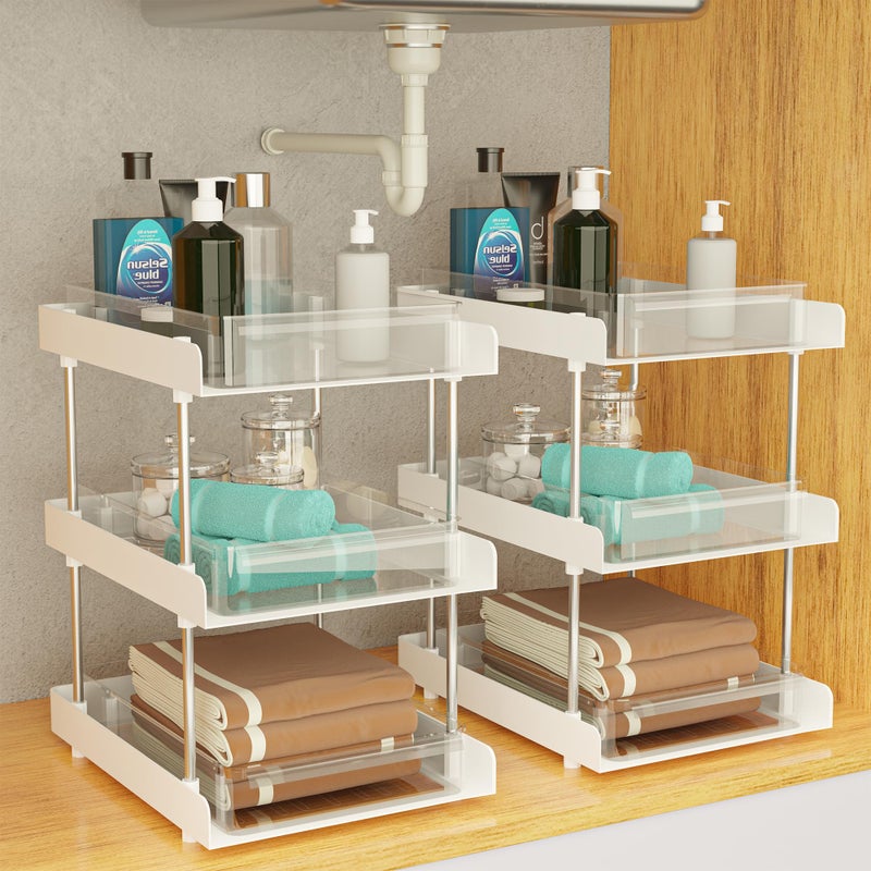 Kuber Industries Kuber Industries 2 Pcs Clear Sliding 3-Layer Makeup Drawer Storage Organizer BoxStand | Cosmetic Storage Box for Women | Dressing Table Organiser for Jewellry, Skincare & Perfume | White  - Image 1