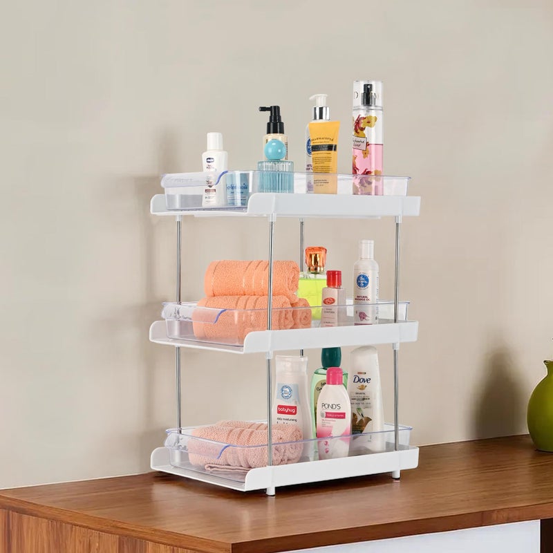 Kuber Industries Kuber Industries 2 Pcs Clear Sliding 3-Layer Makeup Drawer Storage Organizer BoxStand | Cosmetic Storage Box for Women | Dressing Table Organiser for Jewellry, Skincare & Perfume | White  - Image 2