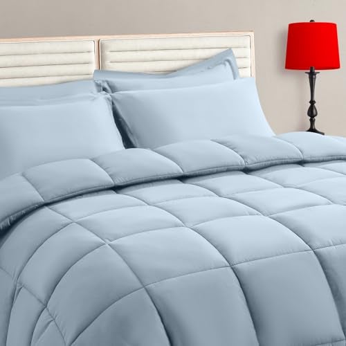 TAIMIT Light Blue Twin Size Comforter Set - 5 Pieces, Bed in a Bag Bedding Sets with All Season Soft Quilted Warm Fluffy Reversible Comforter,Flat Sheet,Fitted Sheet,1 Pillow Shams,1 Pillowcases - Image 1