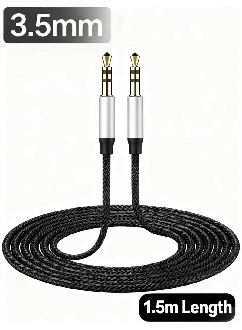 Gecomo 3.5mm Audio Cable Aux Braided To Male Stereo Auxiliary Jack Compatible For Phone Tablets Car Home Stereos Headphones Speaker 1.5 Meter Black/Silver - Image 1