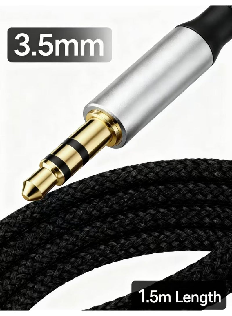 Gecomo 3.5mm Audio Cable Aux Braided To Male Stereo Auxiliary Jack Compatible For Phone Tablets Car Home Stereos Headphones Speaker 1.5 Meter Black/Silver - Image 2