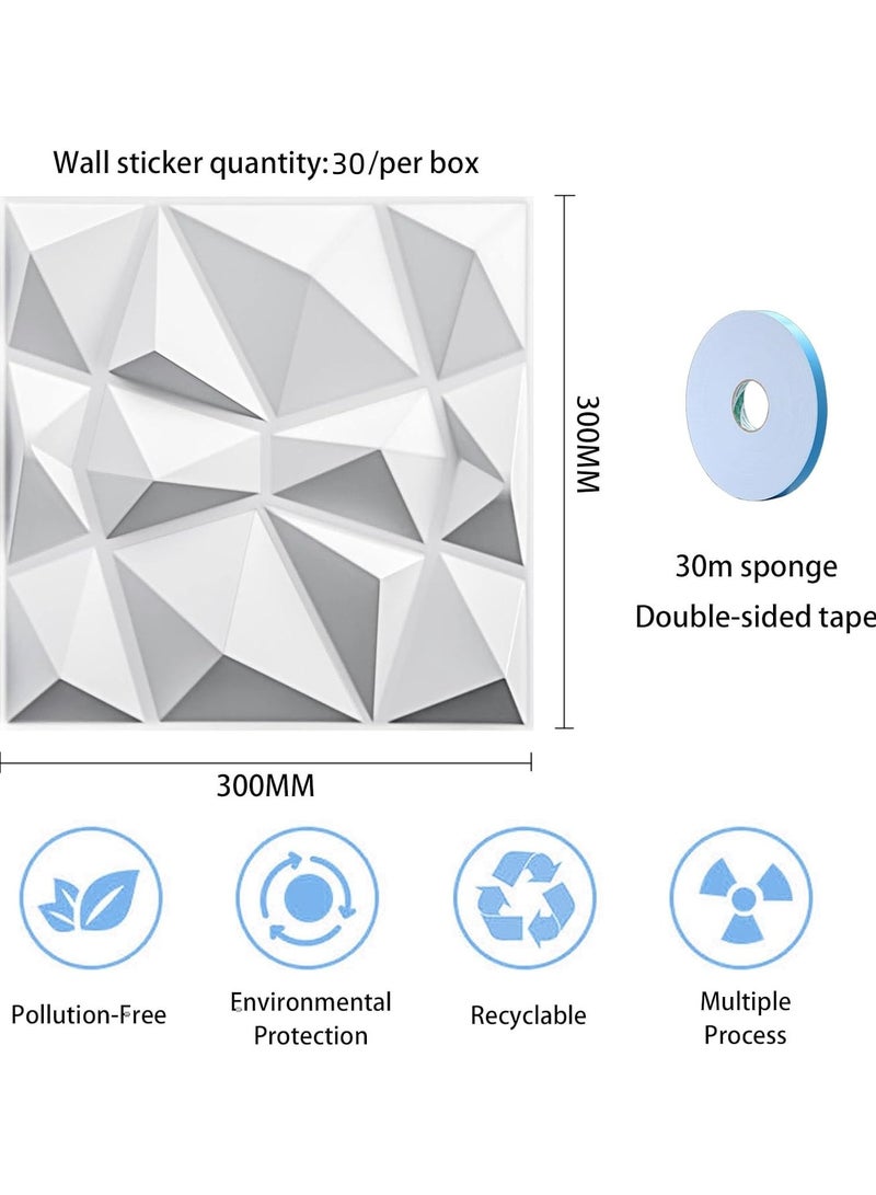 AUTOYSUR لوحات حائط ثلاثية الأبعاد، لوحات حائط ثلاثية الأبعاد مزخرفة بتصميم ماسي، لوحات حائط منقوشة ثلاثية الأبعاد، لوحات ديكور حائط ثلاثية الأبعاد من مادة البولي فينيل كلوريد، للديكور الداخلي للحوائط، 30 × 30 سم أبيض غير لامع، عبوة من 30 قطعة (أبيض) - Image 3