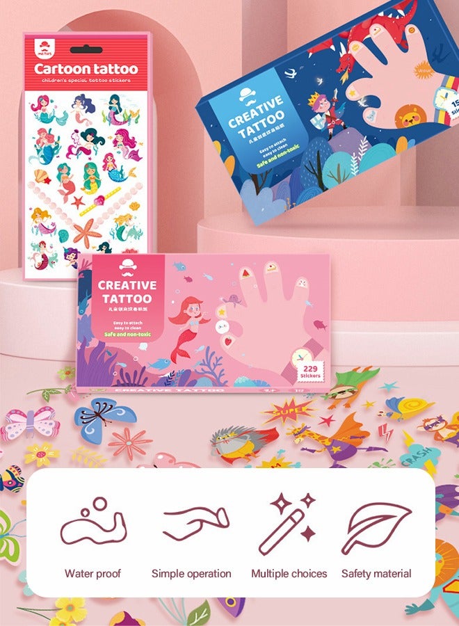 جرويك 102 قطعة من الوشم المؤقت و4 أوراق ساعة ملصقات وشم مؤقت وهمية للأطفال، ملصق جسم كرتوني مقاوم للماء لتزيين شكل فراشة حورية البحر على شكل حيوان الآيس كريم لصالح لوازم الحفلات - Image 2