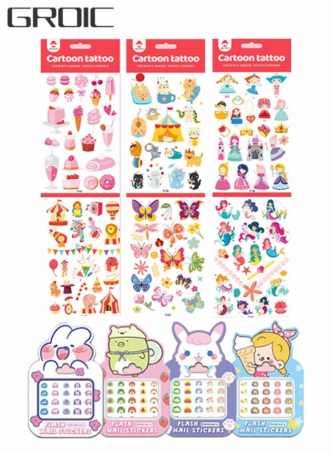جرويك 102 قطعة من الوشم المؤقت و4 أوراق ساعة ملصقات وشم مؤقت وهمية للأطفال، ملصق جسم كرتوني مقاوم للماء لتزيين شكل فراشة حورية البحر على شكل حيوان الآيس كريم لصالح لوازم الحفلات - Image 1