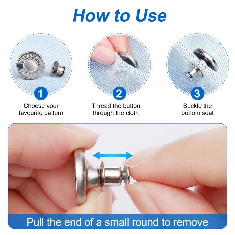 Ceryvop 8 Sets Jean Buttons Pins for Loose Jeans, No-Sew Adjustable and Reusable Metal Pants Button Tightener - Image 3