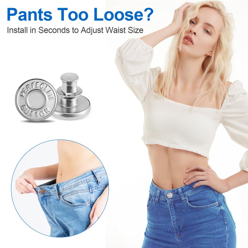 Ceryvop 8 Sets Jean Buttons Pins for Loose Jeans, No-Sew Adjustable and Reusable Metal Pants Button Tightener - Image 4