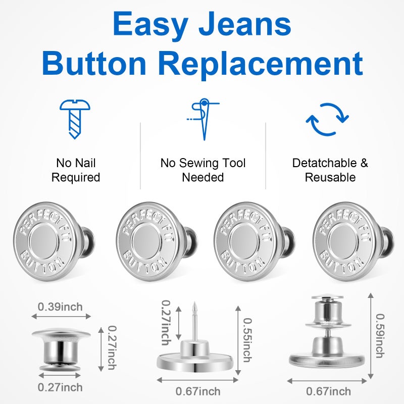 Ceryvop 8 Sets Jean Buttons Pins for Loose Jeans, No-Sew Adjustable and Reusable Metal Pants Button Tightener - Image 2