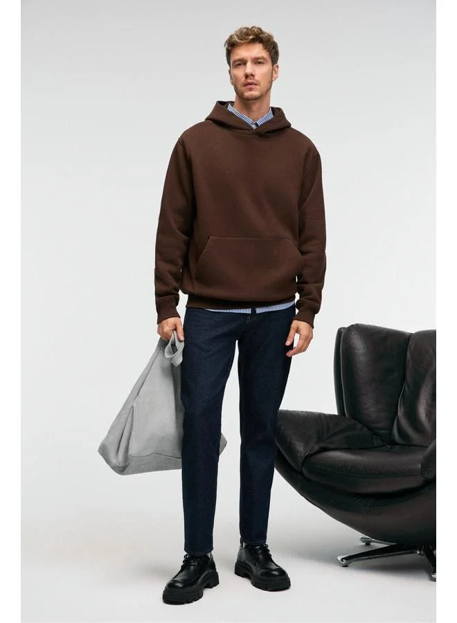 GRIMELANGE AMOS Men's Soft-Fabric 3-Ply Oversized Hooded Kangaroo Pocket Dark Coffee Sweatshirt.