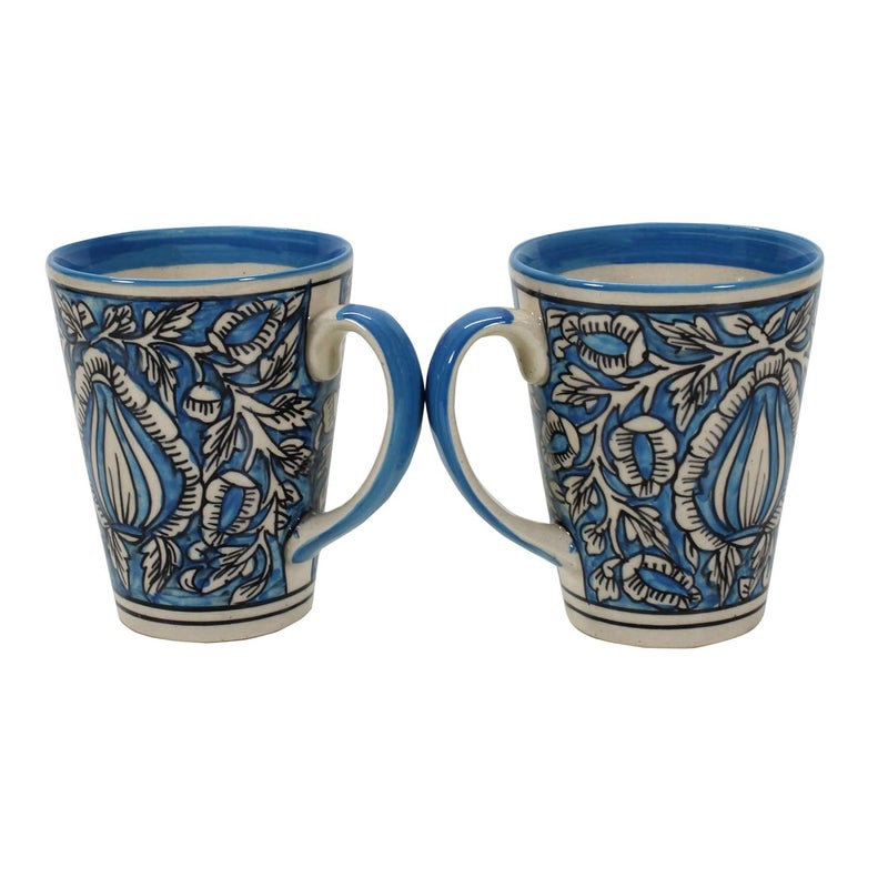 Reyavi Ceramic Coffee Mug Perfect for Cappuccino Milk Smoothie Shake Cake Mugal Hand Painted Tea Cup with Handle Microwave Oven Safe 240ml Set of 2 Sky Blue - Image 1