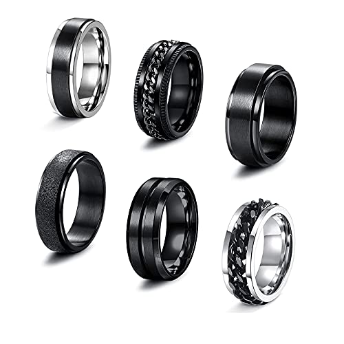 sailimue 6 Pcs 6/8 MM Black Spinner Rings for Men Women Stainless Steel Fidget Ring Anxiety Stress Relieving Cool Chain Fashion Ring Set Wedding Promise Band Rings Size 7 - Image 1