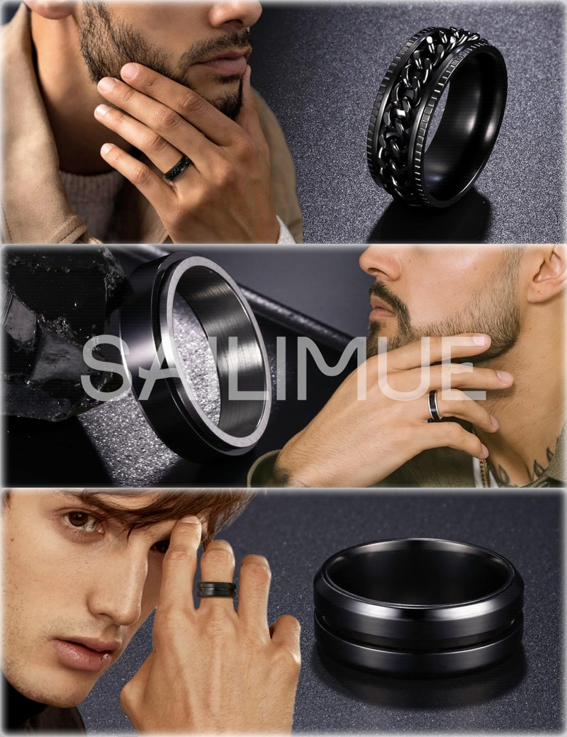sailimue 6 Pcs 6/8 MM Black Spinner Rings for Men Women Stainless Steel Fidget Ring Anxiety Stress Relieving Cool Chain Fashion Ring Set Wedding Promise Band Rings Size 7 - Image 5