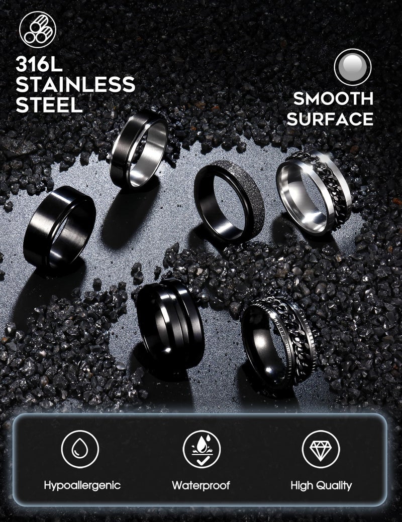 sailimue 6 Pcs 6/8 MM Black Spinner Rings for Men Women Stainless Steel Fidget Ring Anxiety Stress Relieving Cool Chain Fashion Ring Set Wedding Promise Band Rings Size 7 - Image 2