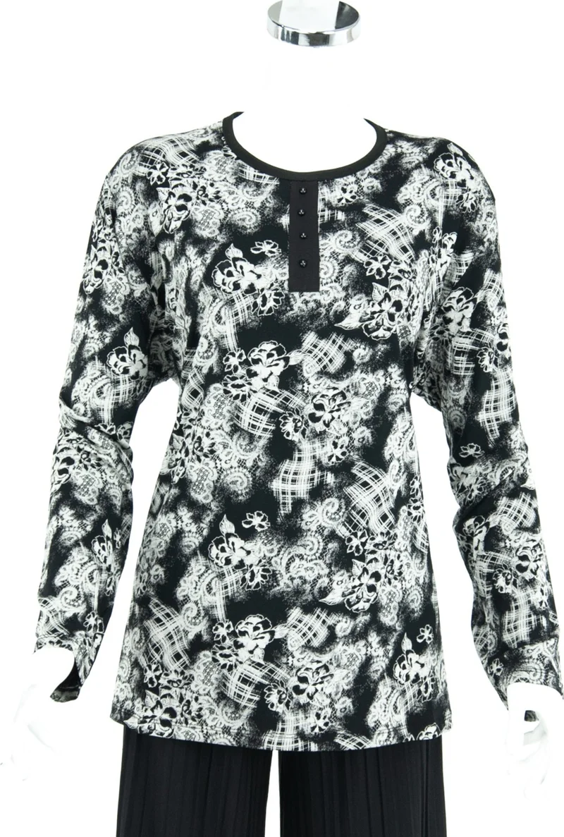 Oppland Women's Sycamore Patterned Long Sleeve Round Neck Wide Fit Lycra Viscose Combed Cotton Plus Size Mother's Blouse