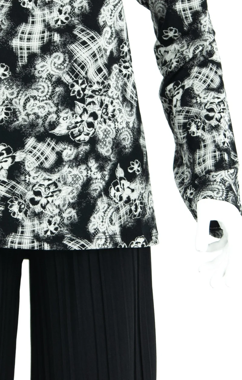 Oppland Women's Sycamore Patterned Long Sleeve Round Neck Wide Fit Lycra Viscose Combed Cotton Plus Size Mother's Blouse
