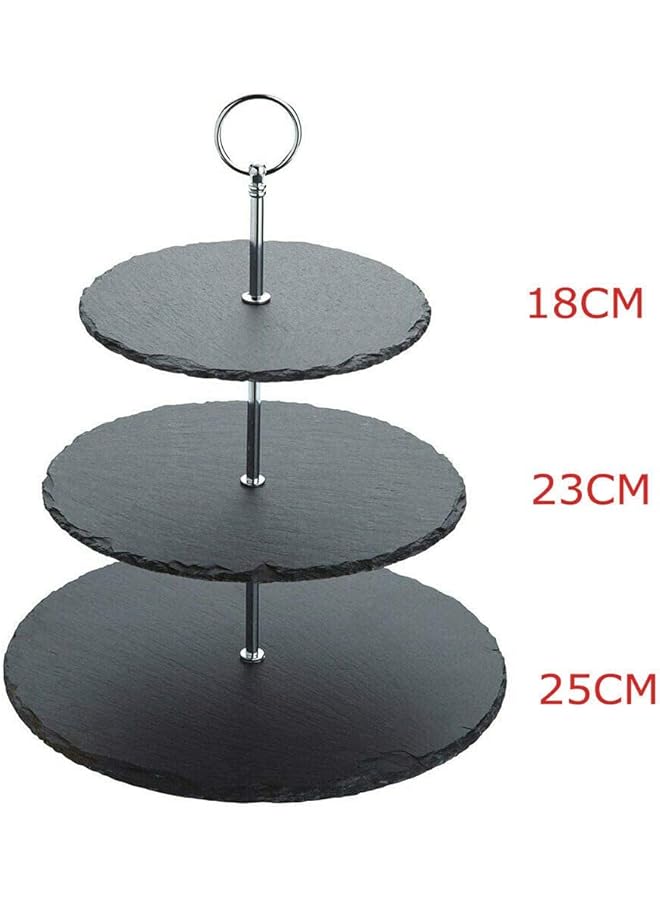 1Chase Natural Black Stone 3 Tier Round Slate Cake Stand With Chrome Carry Loop, Dessert Serving Stand Perfect For Afternoon Tea Wedding Plates Party Tableware Display - Image 3
