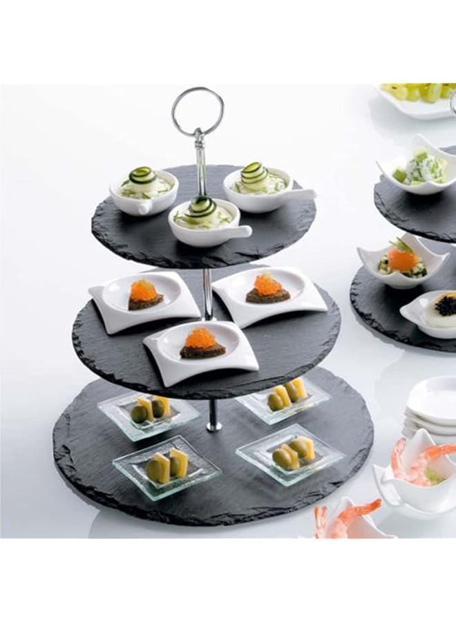 1Chase Natural Black Stone 3 Tier Round Slate Cake Stand With Chrome Carry Loop, Dessert Serving Stand Perfect For Afternoon Tea Wedding Plates Party Tableware Display - Image 2