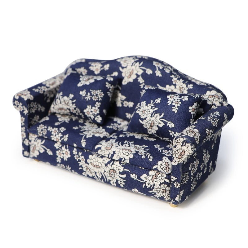 Cutemini Dollhouse Couch Miniature Sofa with Pillows Dollhouse Living Room Funiture 112 Scale Model 3 Pcs High Simulation Upholstered Wooden Fabric Armchair Mini Room Artificial House Scene Decoration Blue - Image 3