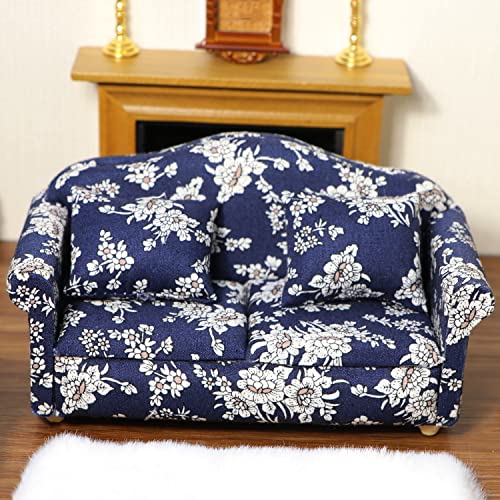 Cutemini Dollhouse Couch Miniature Sofa with Pillows Dollhouse Living Room Funiture 112 Scale Model 3 Pcs High Simulation Upholstered Wooden Fabric Armchair Mini Room Artificial House Scene Decoration Blue - Image 5