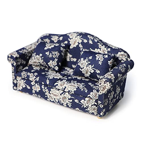 Cutemini Dollhouse Couch Miniature Sofa with Pillows Dollhouse Living Room Funiture 112 Scale Model 3 Pcs High Simulation Upholstered Wooden Fabric Armchair Mini Room Artificial House Scene Decoration Blue - Image 1