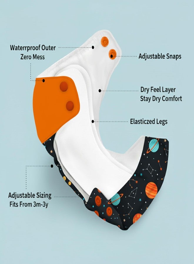 SNUGKINS Regular Cloth Diapers for Babies 3 Months-3 Years (5-17kg) | Washable & Reusable | 1 Cloth Diaper & 1 Wet-Free Microfiber Terry Soaker | Galaxy ride - Image 3