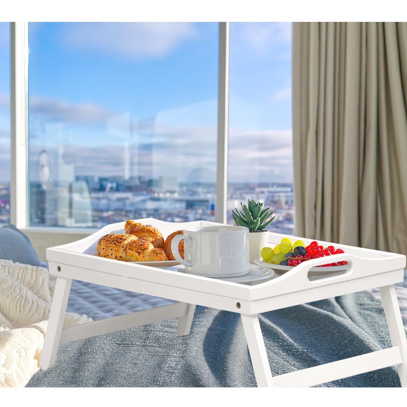 Mxbamhyc 2 Pack Bed Tray Table Breakfast Trays Serving Tray Bamboo Bed Laptap with Folding Legs Handles and Phone Holders - Image 2