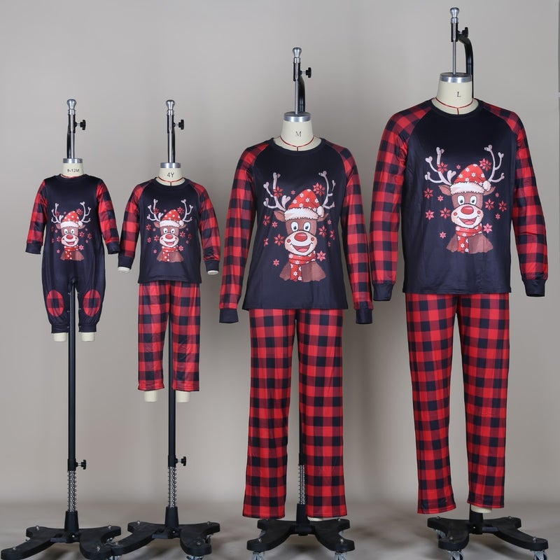 2023 Amazon Christmas parent-child wear European and American new autumn and winter long sleeve color matching Christmas deer home wear Picture color 
