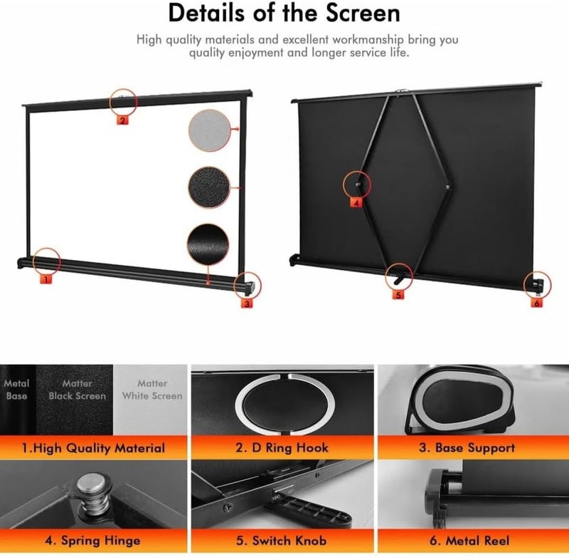 Fh Projector Screen - New Portable Mobile 50 Inch Projection Screen Pull Down, 16:9 Screen Retractable Tabletop Screen Tripod Stand for Home Theater Meeting Room, School Indoor Outdoor - Image 3