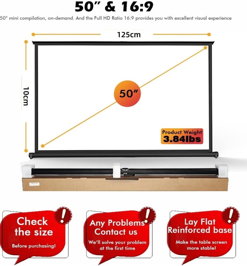 Fh Projector Screen - New Portable Mobile 50 Inch Projection Screen Pull Down, 16:9 Screen Retractable Tabletop Screen Tripod Stand for Home Theater Meeting Room, School Indoor Outdoor - Image 2