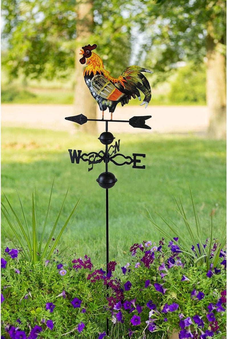 Westcharm 48 in. Crowing Metal Rooster Weathervane | Wind Wheel Decorative Garden Stake with Rooster Ornament | Chicken Garden Weather Vane - Image 1