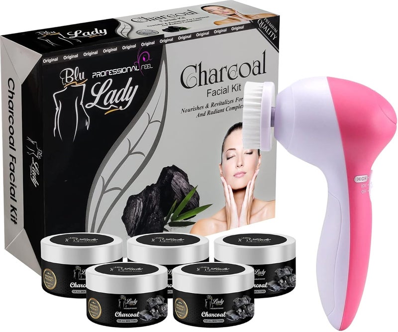 Blu Lady Professional Black Charcoal Facial Kit With 5 in 1 Facial Massager Set of 5 275 G - Image 1