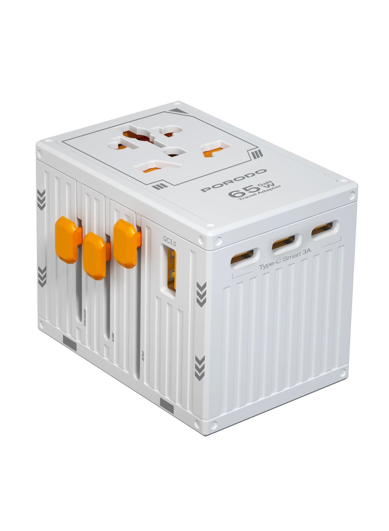 porodo GaN 5-Port Travel Block Universal Charger 2500W/ 4 USB-C/ 1 USB-A / UK/EU/US & AU Plugs / Built-in Safeguards/ 150+ Countries / Dual Fuse / PD 65W / Compact and Travel Friendly Wall Charger - White  - Image 1