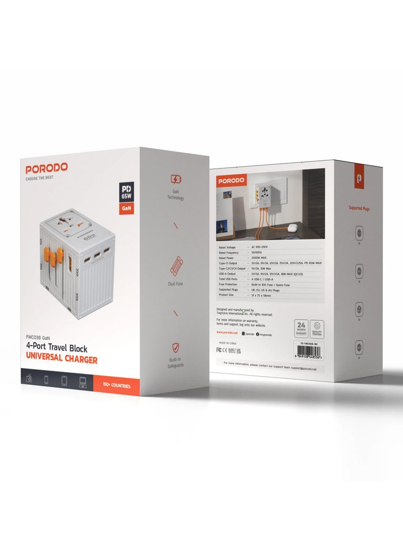 porodo GaN 5-Port Travel Block Universal Charger 2500W/ 4 USB-C/ 1 USB-A / UK/EU/US & AU Plugs / Built-in Safeguards/ 150+ Countries / Dual Fuse / PD 65W / Compact and Travel Friendly Wall Charger - White  - Image 3